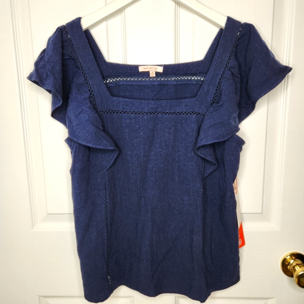 Skies Are Blue Ruffle Blouse Top Navy Blue Square Neck Size Medium